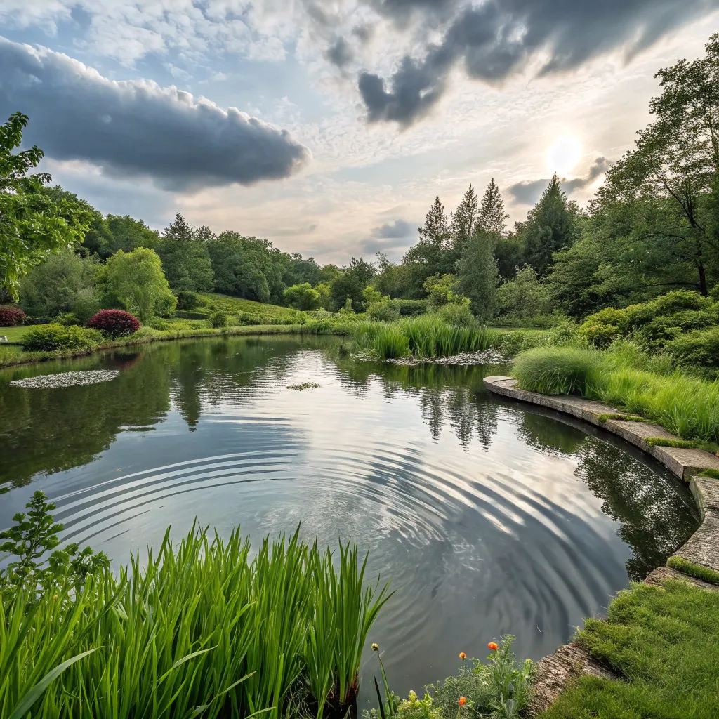 Tranquil artificial pond surrounded by lush greenery